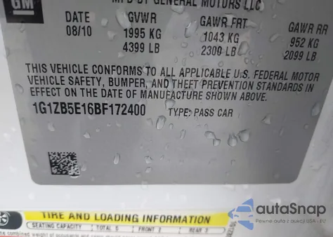 2011 Chevrolet Malibu Ls z USA, uszkodzony, nr VIN 1G1ZB5E16BF172400